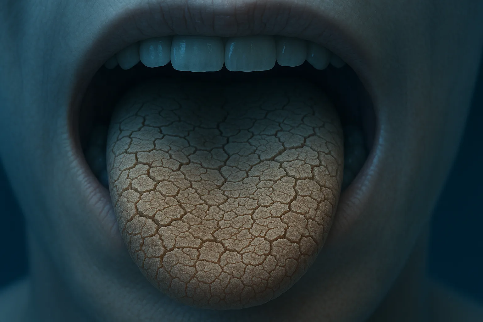 Close-up illustration of dry mouth tissue and cracked tongue caused by alcohol mouthwash