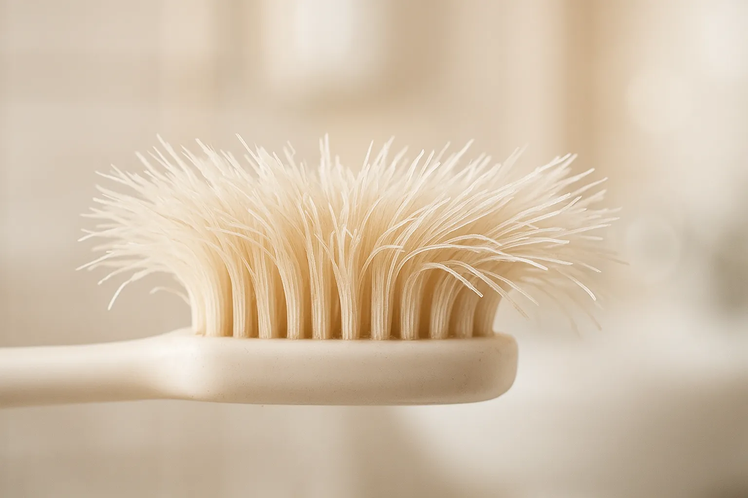 Macro shot of a toothbrush with flattened and frayed bristles due to aggressive brushing