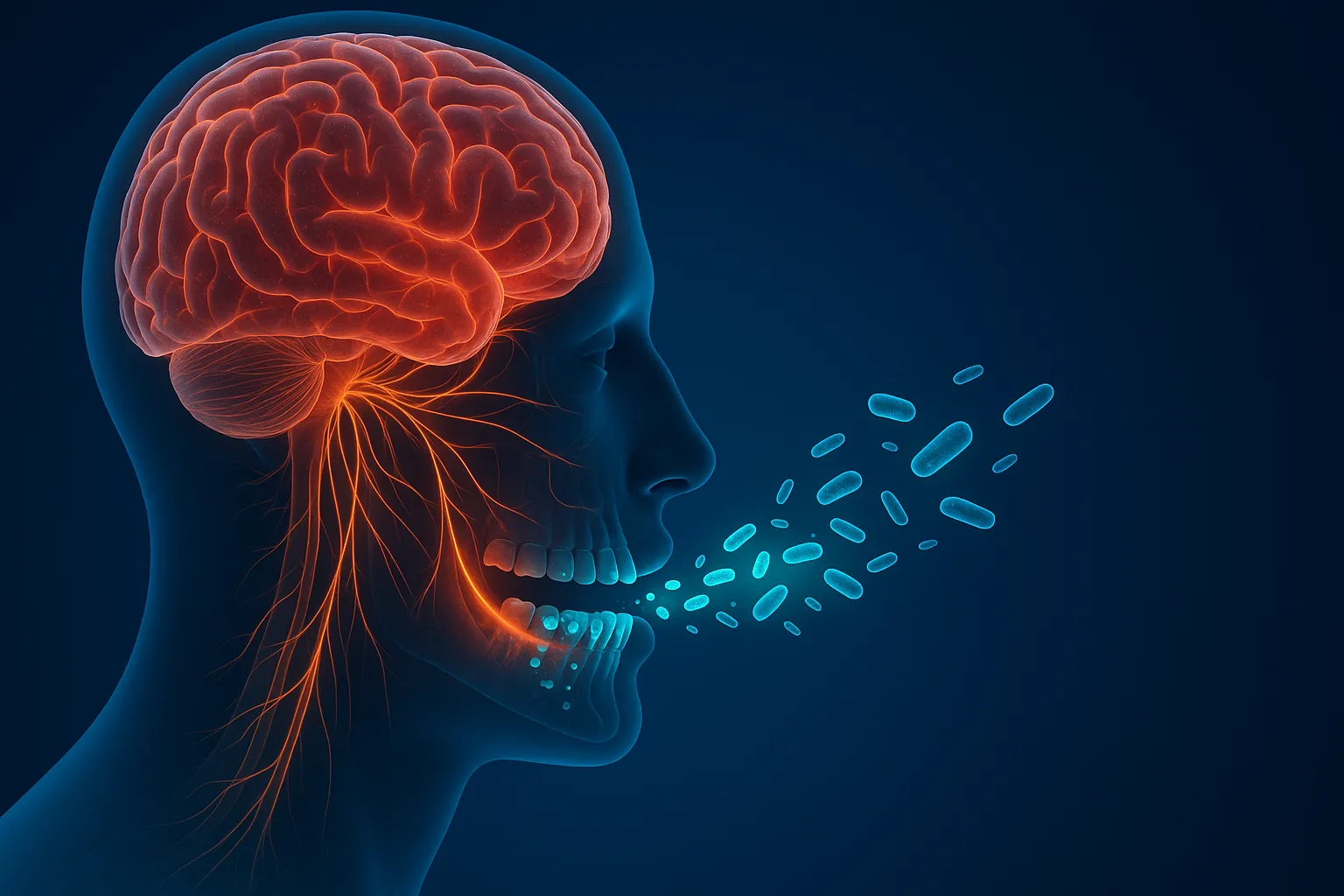 Medical diagram showing oral bacteria migrating from teeth to brain via the trigeminal nerve