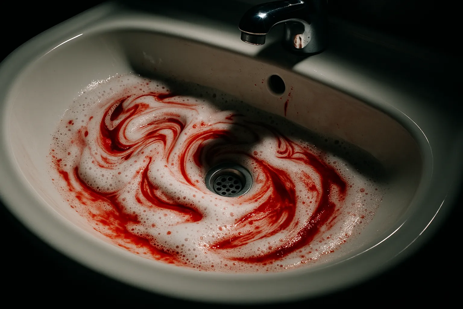 Bathroom sink with white toothpaste foam mixed with red blood streaks